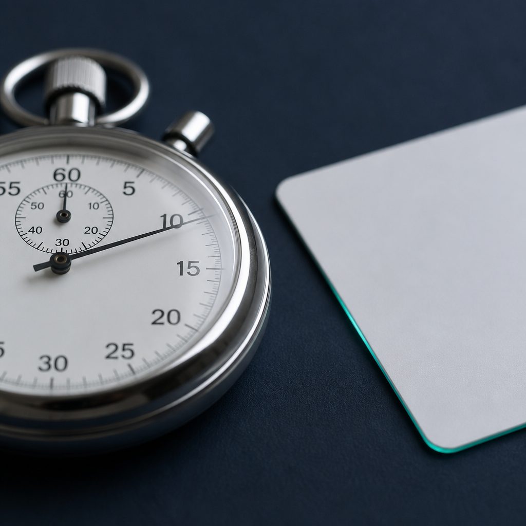 Stoppuhr mit laufendem Sekundenzeiger neben einer weißen Bankkarte (mit AI erstelltes Bild)