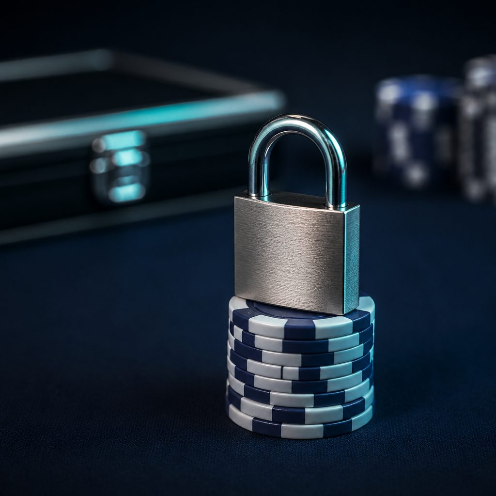 Geschlossenes Vorhängeschloss aus Stahl auf einem Stapel Casino-Chips (mit AI erstelltes Bild)