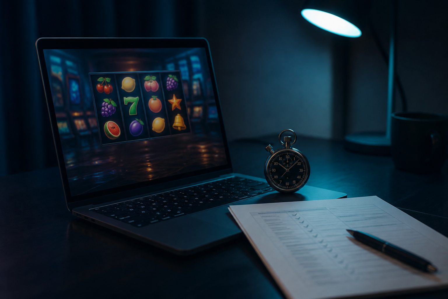 Testplatz: Laptop mit laufendem Automatenspiel, daneben eine Stoppuhr und eine Checkliste mit Stift (mit AI erstelltes Bild)